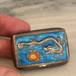 Vintage Antique Chinese Dragon Fireball Pill Snuff Box Blue Enamel Cloisonne